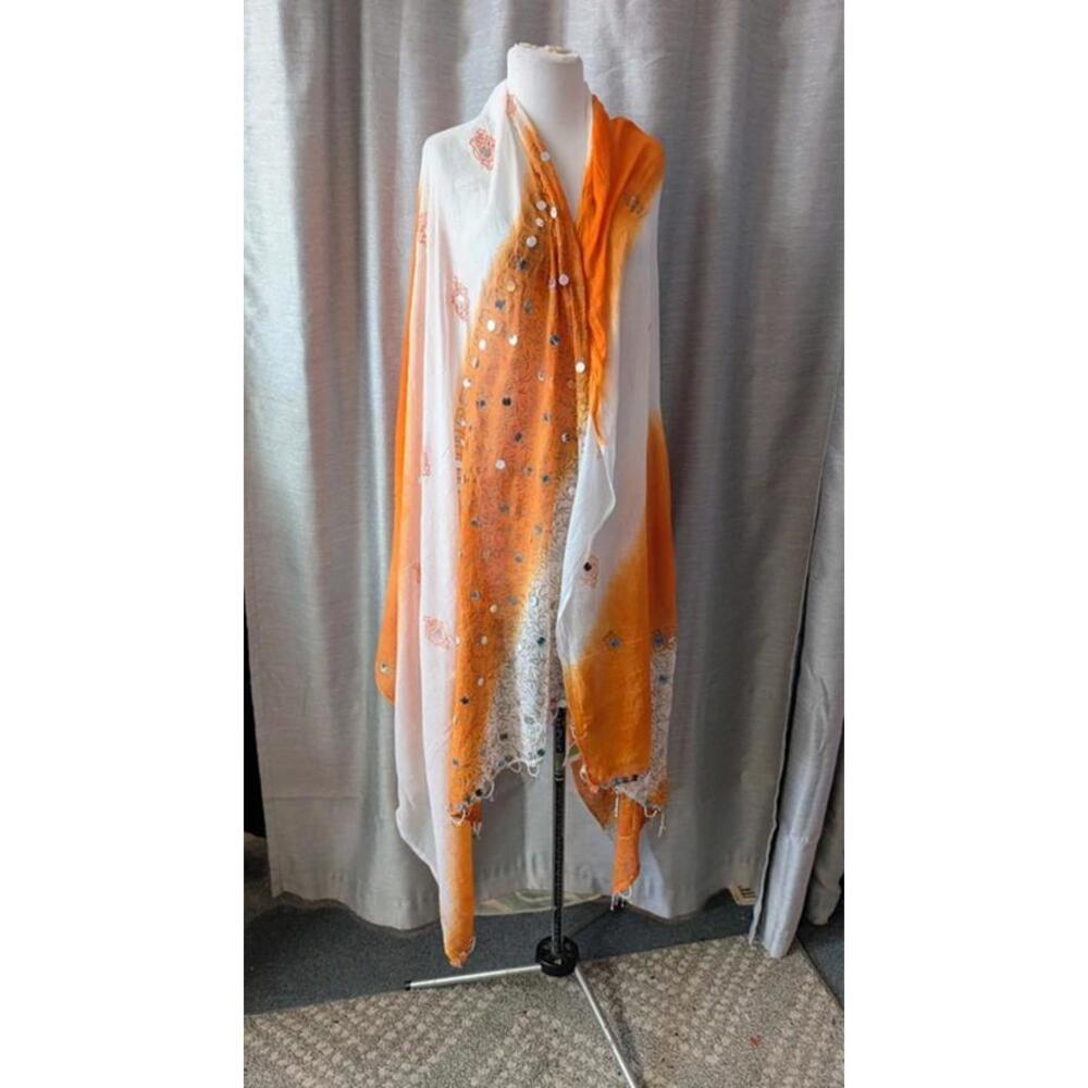 Orange White Sequin Beaded Cotton India Sarong Wrap